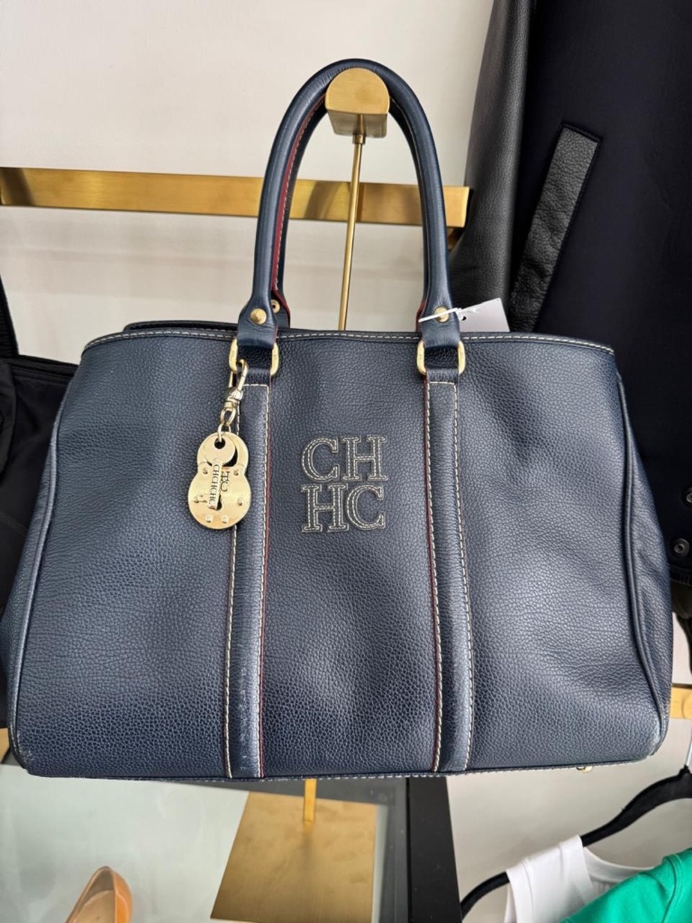 Carolina Herrera Matryoshka Locked Navy Leather CH HC Satchel with Gold Hardware